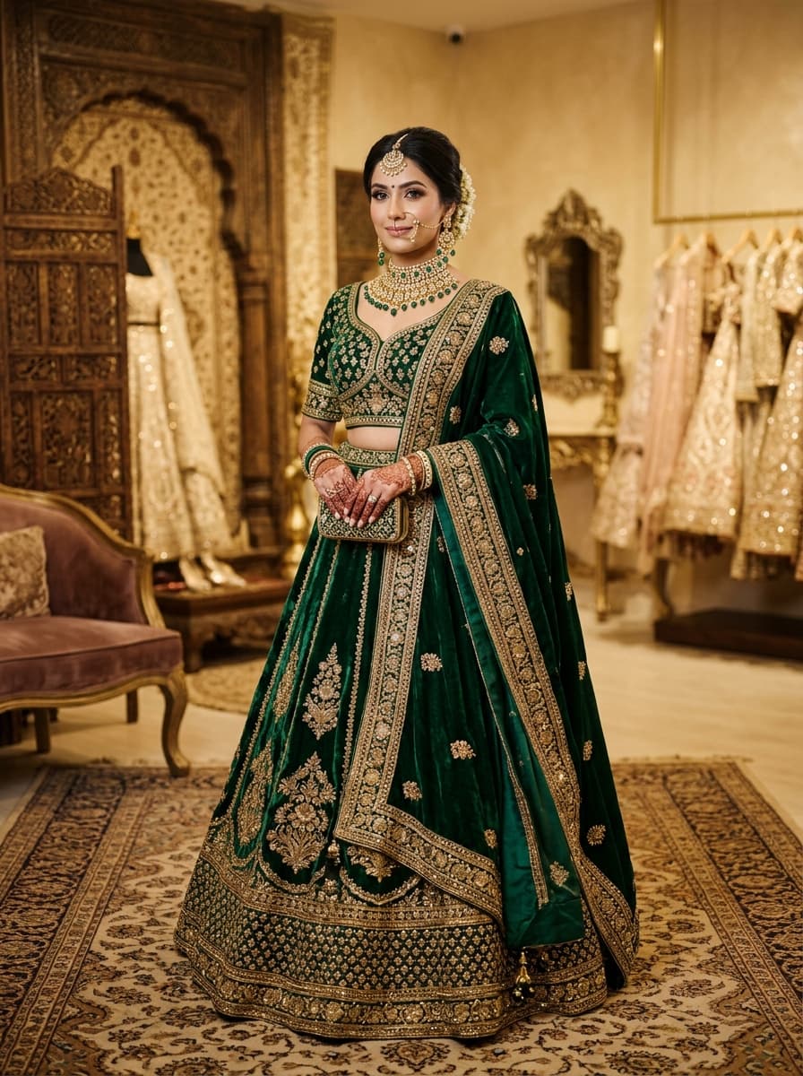 Indian Bride in Royal Emerald Green and Gold Lehenga with Kundan Jewellery - Yaash Bridal Rentals